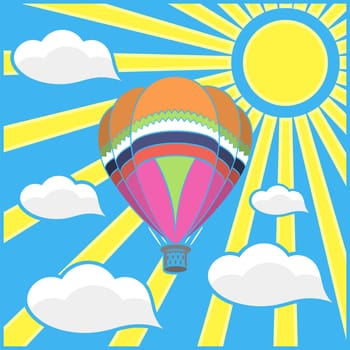 Colored Hot Air Balloon Icon on Sun Sky Background.