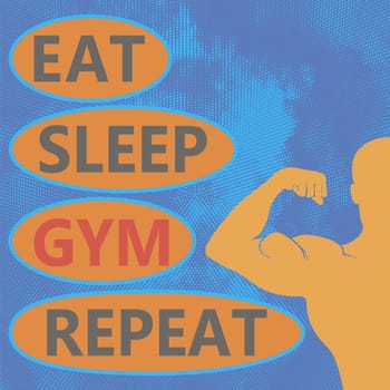 Raster Eat, Sleep, Gym, Repeat. Fitness training funny quote with illustration. Huge bodybuilder training. Front biceps pose.