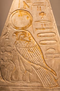 Turin, Italy - March 2023: Egyptian Museum, Pyramidion with Horus falcon - 1279 BC