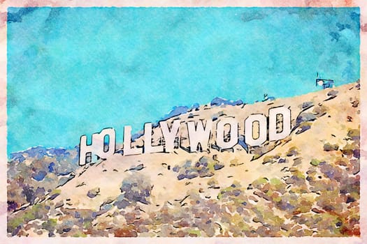 Creative illustration with artistic watercolor design - Hollywood sign in Los Angeles