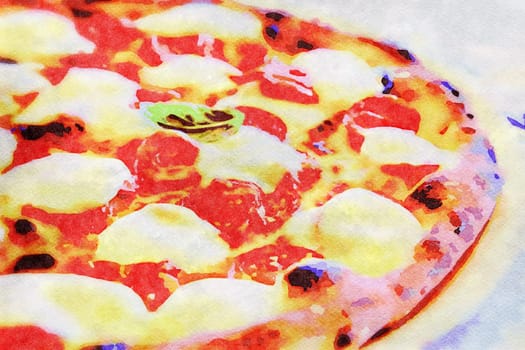 Creative illustration in vintage watercolor design - Pizza Margherita with Mozzarella cheese, basil and tomatoes