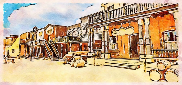 Creative illustration in vintage watercolor design - Wild West old village, rural buildings with blue sky