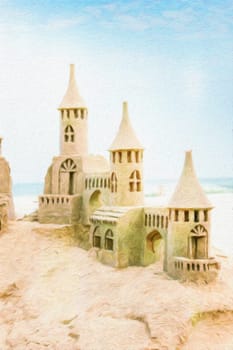 Creative illustration of sendcastles on a sunny beach with blue sky. Concept of leisure, holiday, vintage nostalgia memory