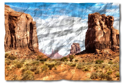 Creative picture of Monument Valley in USA - scenic red landscape with blue sky