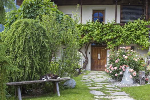A traditional Austrian mountain house in the alpine village of Doelsach, East Tyrol, Austria