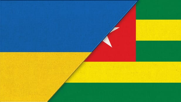 Flag of Ukraine and Togo - 3D illustration. Two Flag Together. National Symbols of Ukraine and Togo. Ukrainian and Togolese relations. Meeting between Ukraine and Togo. Sport competition