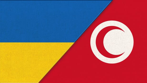Flag of Ukraine and Tunisia - 3D illustration. Two Flag Together. National Symbols of Ukraine and Tunisia. Ukrainian and Tunisian relations. Meeting between Ukraine and Tunisia. Sport competition