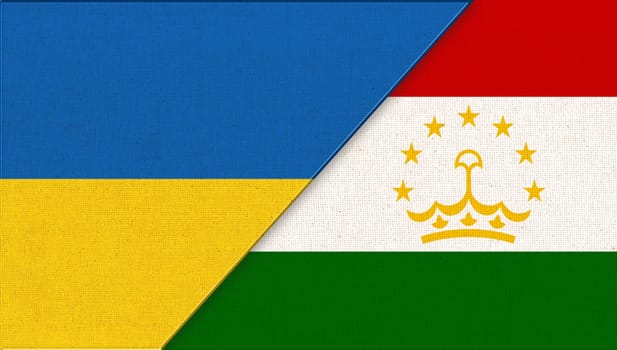 Flag of Ukraine and Tajikistan. Ukrainian and Tajik flags on fabric texture. Two Flags Together. National Symbols of Ukraine and Tajikistan. Diplomatic relations. National Tajik and Ukrainian flags