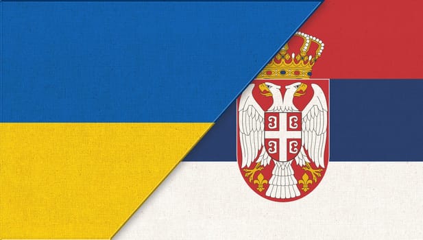 Flag of Ukraine and Serbia. Ukrainian and Serbian flags on fabric texture. Two Flag Together. National Symbols of Ukraine and Serbia. European country. Diplomatic relations