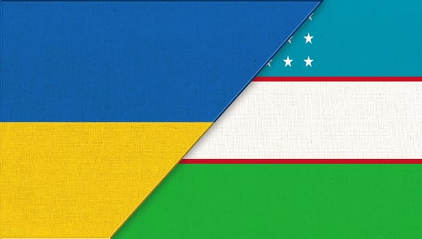 Flag of Ukraine and Uzbekistan. Ukrainian and Uzbek flags on fabric texture. Two Flags Together. National Symbols of Ukraine and Uzbekistan. Diplomatic relations. Uzbek and Ukrainian flags
