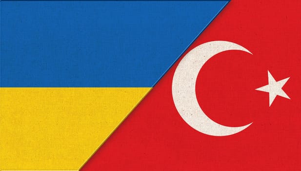Flag of Ukraine and Turkey. Ukrainian and Turkish flags on fabric texture. Two Flags Together. National Symbols of Ukraine and Turkey. Relationships of two countries. Friendship of Ukraine and Turkey