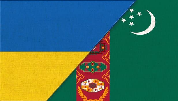 Flag of Ukraine and Turkmenistan. Ukrainian and Turkmen flags on fabric texture. Two Flags Together. National Symbols of Ukraine and Turkmenistan. Diplomatic relations. Turkmen and Ukrainian flags