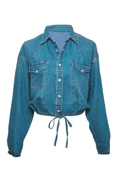 Jeans jacket isolated. Beautiful female stylish fashionable denim short blue jacket on mannequin. Clipping path. Jeans shirt with pockets.