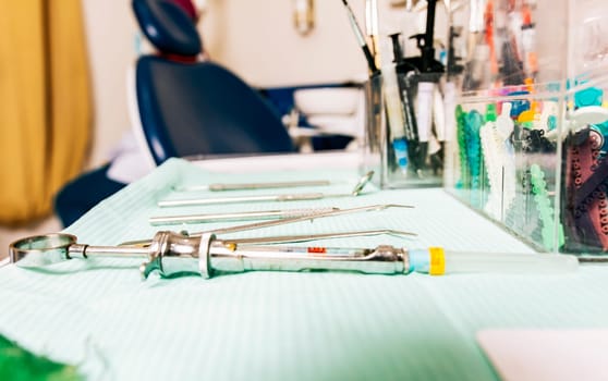 Set of dental tools on dentist's panel. Stomatologist tools close-up on table. Close up of dental tools on dentist's table, Dentist tools on the table