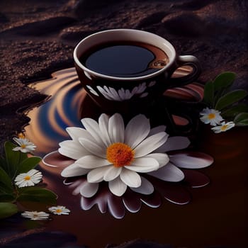 Cup of coffee with flowers, wake up in the morning, hot drink with caffeine, take a break, generative AI