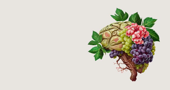 Human brain tree with grapes and leaves, grapevine, wellness and emotion concept, enjoying a glass of wine, generative AI