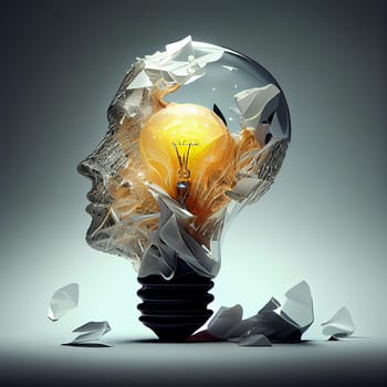 Man with creative light bulb, explosion of ideas, glowing mind, brainstorming for solutions, smart brain, generative AI