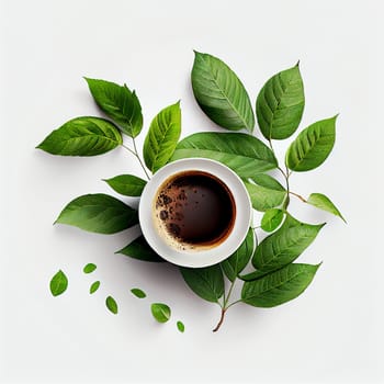 Cup of coffee with green leaves, wake up in the morning, hot drink with caffeine, take a break, generative AI