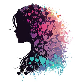 Woman with colorful hearts in her long hair, love and emotion concept, good hearted, positive thinking, generative AI