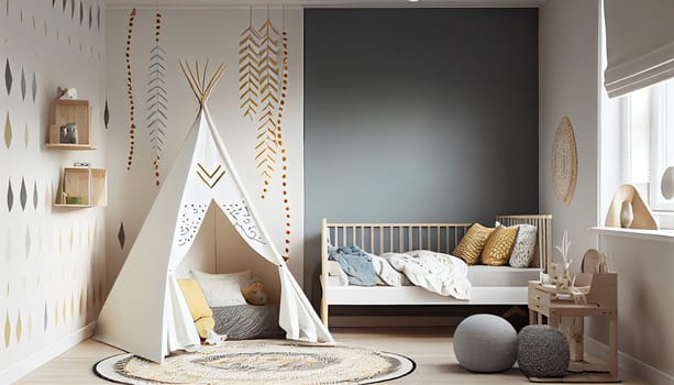 Cozy kids room with tent, Creative playroom interior decorated for child play, Montessori interior, room design, playroom, Generative AI