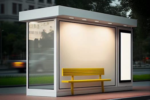 Mock up of advertising light box on the bus stop, vertical light box in a bus stop at night, Generative AI