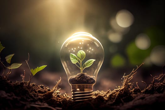 The growth of a plant from a light bulb in soil represents the innovative development of eco-friendly energy and environment concept. Ai Generative