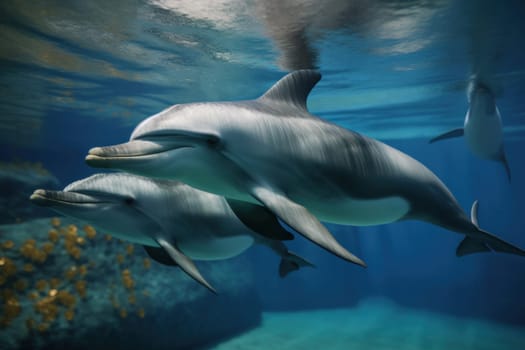 A pod of wild dolphins swimming gracefully in the sea on World Oceans Day. These aquatic mammals are a reminder of the incredible biodiversity and beauty of our planet's oceans. AI Generative.