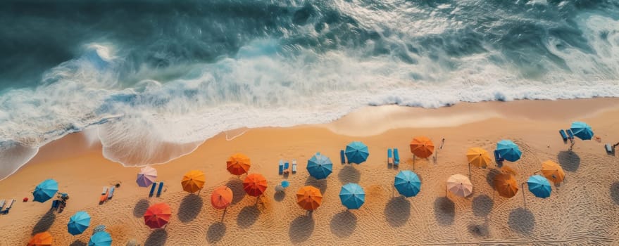An idyllic panoramic beach scene captured from above with colorful umbrellas and people enjoying the hot summer sun, perfect for tourism promotion. AI Generative