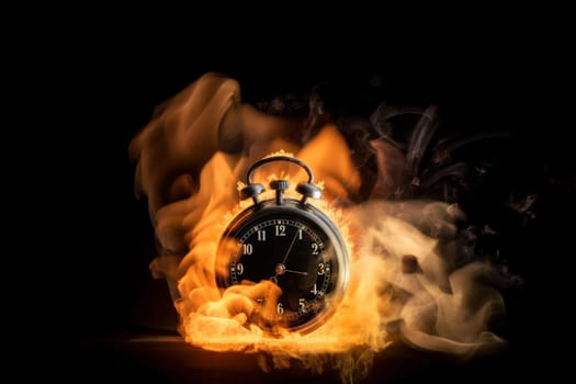 A conceptual image of a burning alarm clock on a dark background with fiery particles, indicating the pressure of deadlines and the importance of time management. Is AI Generative.