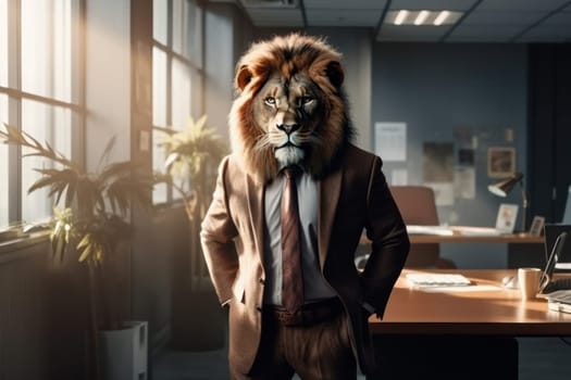 This stunning photo of a lion in a suit and tie is a perfect symbol of power, strength, and elegance, making it a unique addition to any decor. AI Generative.
