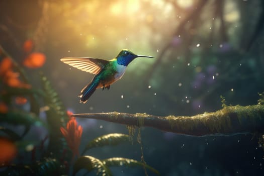 A close-up of a hummingbird perched on a branch, showing off its stunning feathers and delicate beak. A true marvel of nature. AI Generative.