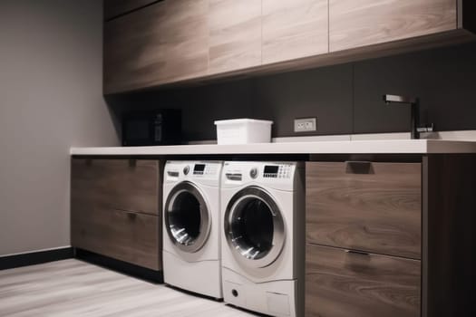 An elegant and functional laundry space with high-tech appliances that deliver impressive performance. Energy-efficient washer and dryer set with stylish design elements. AI Generative.