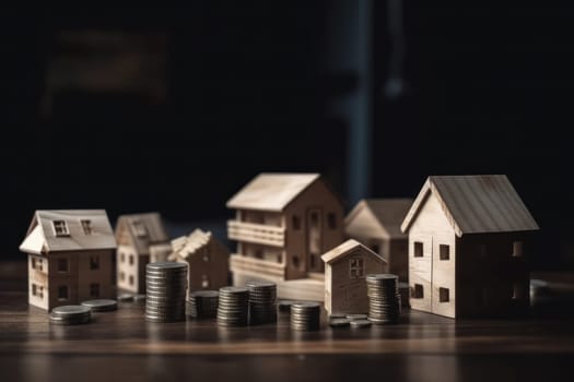 Savings and wealth management with a wooden house and coins on a table, indicating financial security and success. AI Generative.