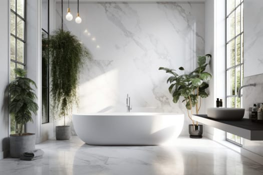 A bright and inviting white bathtub placed next to a window, providing natural light and a tranquil atmosphere. The perfect space for a refreshing and rejuvenating soak. AI Generative.