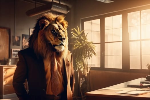 The lion in a suit and tie in this photo is a perfect representation of the unique and majestic wildlife that roams our planet. AI Generative.