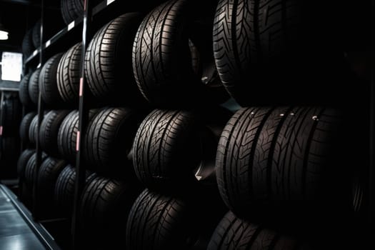 Various car tires organized on a warehouse shelf, providing customers with many options for their vehicles. AI Generative technology has captured this incredible scene.