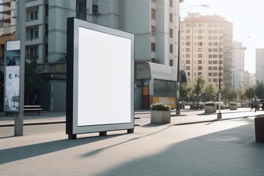 An empty advertising billboard on a busy urban street provides a powerful marketing opportunity for your brand. Use this blank mock-up to showcase your creativity and generate buzz. AI Generative.