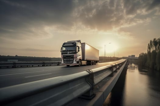 A semi truck speeds down the highway at dusk, carrying vital cargo to its destination. The backbone of the transportation sector. Generative AI.