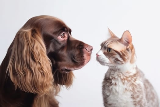 Domestic animals, a cat and dog, sitting together with adorable expressions, showing the beauty of pet ownership. AI Generative.
