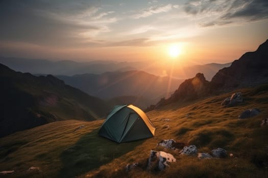 Find solitude and tranquility with a tent pitched against the mountains during a breathtaking sunset. Experience the peacefulness of nature and the beauty of the environment. AI Generative.