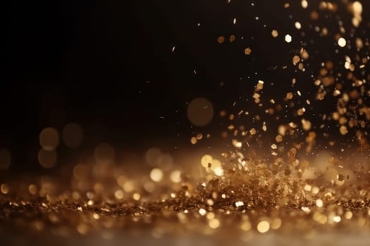 Golden glitter particles on a dark backdrop with bokeh lights and shiny metallic texture. Festive decoration for celebration and luxury gala. AI Generative.