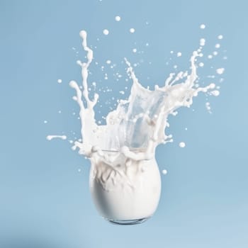 Cold milk splashing on a blue surface, a refreshing and vibrant concept for dairy products is AI Generative.