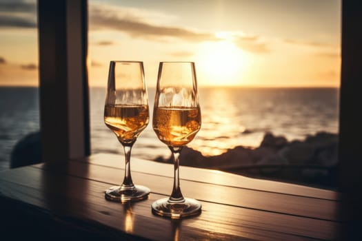 A festive party with bubbles and cheers, captured by champagne glasses at a golden sunset. AI Generative.