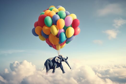 A whimsical and surreal scene of a weightless elephant levitating with vibrant balloons in the blue sky, surrounded by flowers and grass. This creative and playful image is AI Generative.