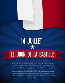 National France day vector template. Bastille Day template for greeting cards, holiday greetings and invitations with traditional greeting and flag. Copy space vector illustration.
