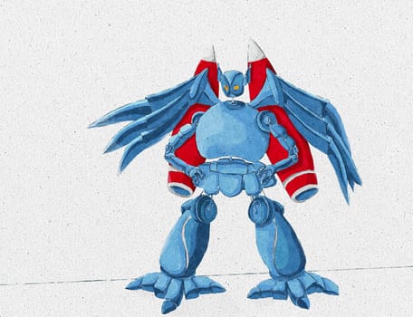 Grunge textured paper illustration of a cartoon  robot with wings and jetpacks