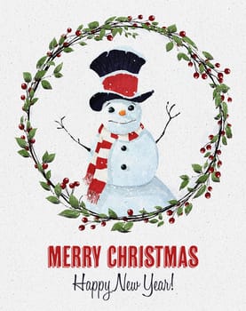 Vintage style brochure with snow holidays theme, snowman and wreath, grunge paper effect background