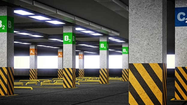 Empty parking lot with signs and guidelines. 3D illustration.