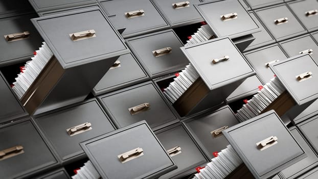 Library catalogue wooden drawer with letters. 3D illustration.