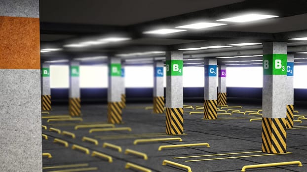 Empty parking lot with signs and guidelines. 3D illustration.